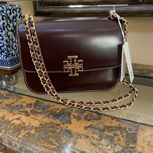 Tory Burch Dark Brown/Burgundy Britten Small Convertible Shoulder/Crossbody Bag
